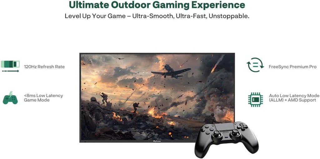 SYLVOX 65'' Outdoor TV, Premium 4K@120Hz Weatherproof TV for Smoother Sports & Gaming | IP55 Waterproof, 1000nits Brightness, Dolby Atmos, Google Smart OS with HDMI 2.1 & USB 3.0 (Gaming Series, 2025)