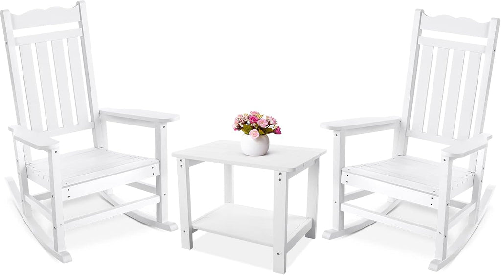 Stoog All-Weather Patio Rocking Chairs Set of 2 with Table, 3 Piece Front Porch Rocker Set, 400Lbs Support Porch Rocker for Backyard, Lawn, Patio, Garden and Indoor, White