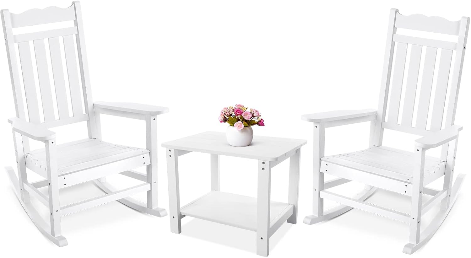 Stoog All-Weather Patio Rocking Chairs Set of 2 with Table, 3 Piece Front Porch Rocker Set, 400Lbs Support Porch Rocker for Backyard, Lawn, Patio, Garden and Indoor, White