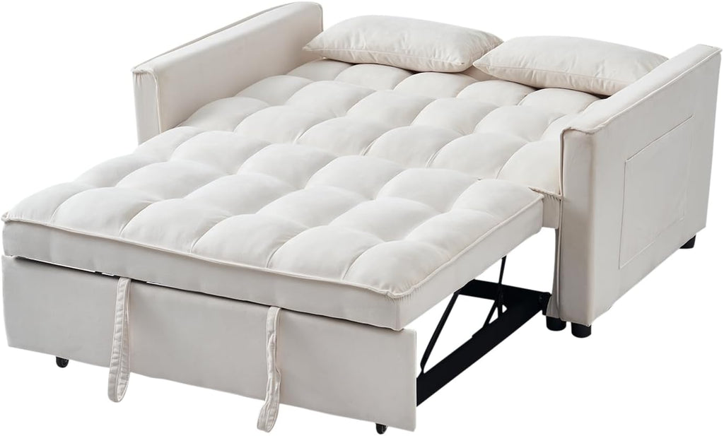 ECHINGLE 54.8'' Sleeper Sofa Bed 3-in-1 Convertible Couch with Pullout Bed, Reclining Backrest, Storage Pockets – Modern Space Lounge Furniture for Living Room, Includes Toss Pillows,Beige