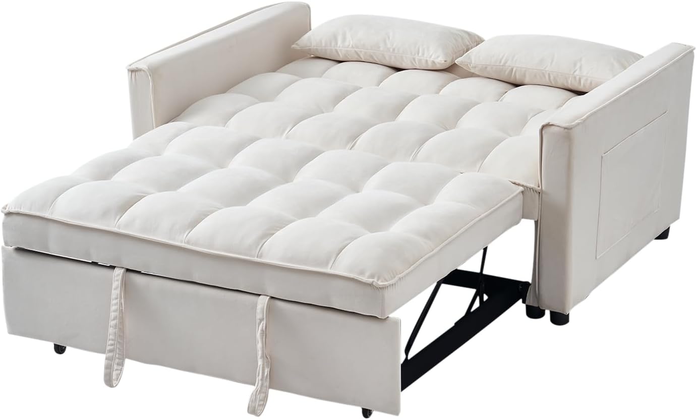 ECHINGLE 54.8'' Sleeper Sofa Bed 3-in-1 Convertible Couch with Pullout Bed, Reclining Backrest, Storage Pockets – Modern Space Lounge Furniture for Living Room, Includes Toss Pillows,Beige