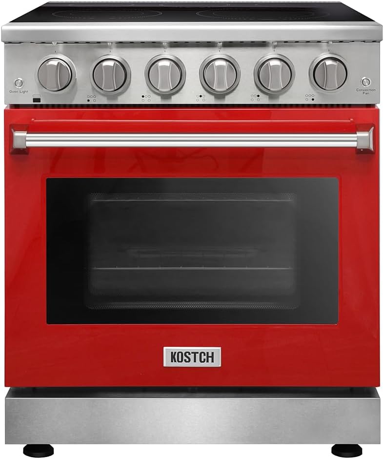 KOSTCH 30 inch Professional Electric Range with 5 Heating Elements Cooktop, 4.55 Cu. Ft. Convection Oven Capacity, Smooth Glass Top, in Stainless Steel, KOS-30RE06H (Red)