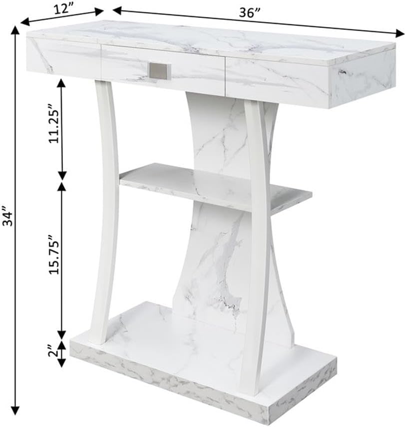 Convenience Concepts Newport Harri Console Table 36' - Modern Sofa Table with Storage Shelves, One Drawer Narrow Entryway Hall Table for Living Room, White Faux Marble/White
