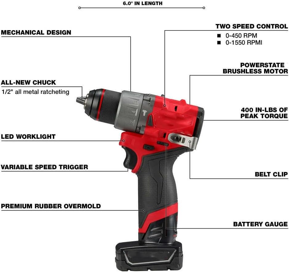 Suitable for Milwaukee 3497-22 M12 FUEL 12V Cordless Li-Ion 2-Tool Combo Kit w/ 2 Batteries, 14.5 x 3.8 x 10.2, Red, Black