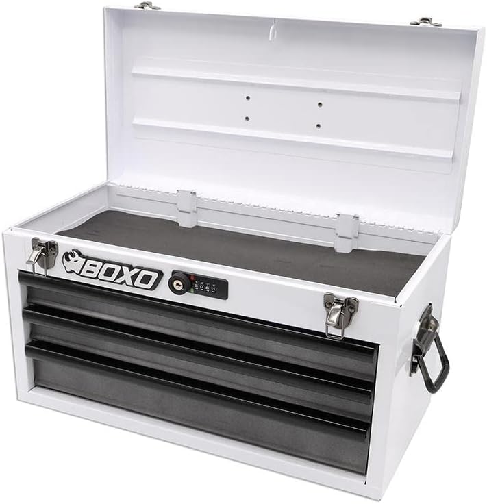 Boxo USA Hand Carry Tool Box 3-Drawer Heavy Duty Steel Toolbox with Lock System (White)