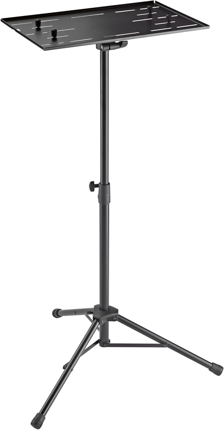 K&M Konig & Meyer 12185.000.55 Laptop Stand | Oversized Desk w/Adjustable Height & Securing Bolts | Cross Brace Foldable Tripod Legs | Ergonomic | Compact | Portable | German Made | Black