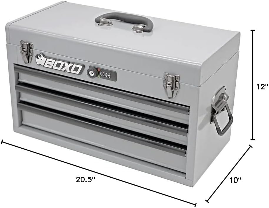 Boxo USA Heavy-Duty 3-Drawer Steel Tool Box - Portable Hand Carry Toolbox Organizer with Ball Bearing Slides & Secure Key & Digital Lock System (Nardo Gray)
