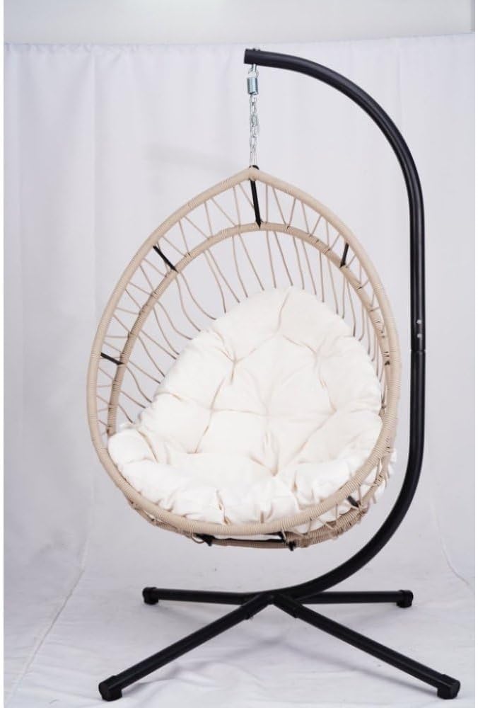 Outdoor Egg-Shaped Hanging Chair with Stand Patio Wicker Swing for Garden Relaxation Indoor Rocking Chair Comfortable Hammock Style (Beige Gray+White + HDPE)