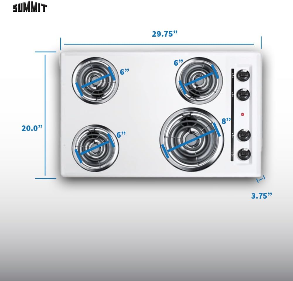 Summit 30' 4 Burner Electric Cooktop. 230 Volt Coil Electric Cooktop, White- WEL05