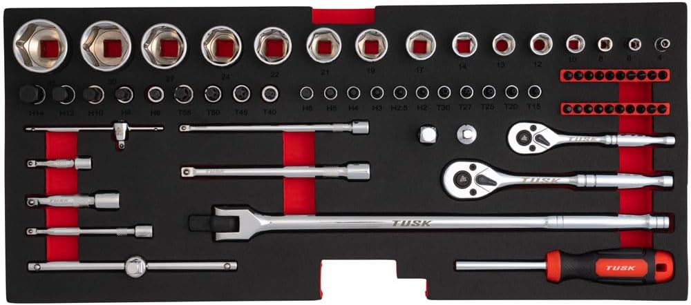 TUSK Tool Box with Tools EVA Foam Cut Outs and 129-Piece Tool Set 3-Drawer Portable Moto Box
