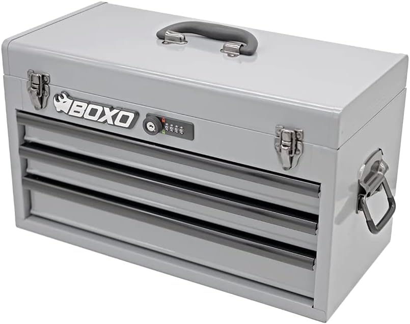 Boxo USA Heavy-Duty 3-Drawer Steel Tool Box - Portable Hand Carry Toolbox Organizer with Ball Bearing Slides & Secure Key & Digital Lock System (Nardo Gray)