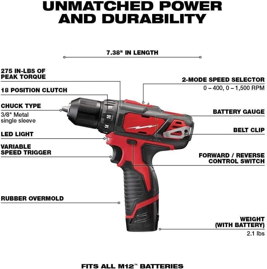 2494-22 for Milwaukee 12V M12 Cordless 2-Tool Combo Kit 2462-20 1/4' Hex Impact Driver 2407-20 3/8' Drill/Driver - Red/Black