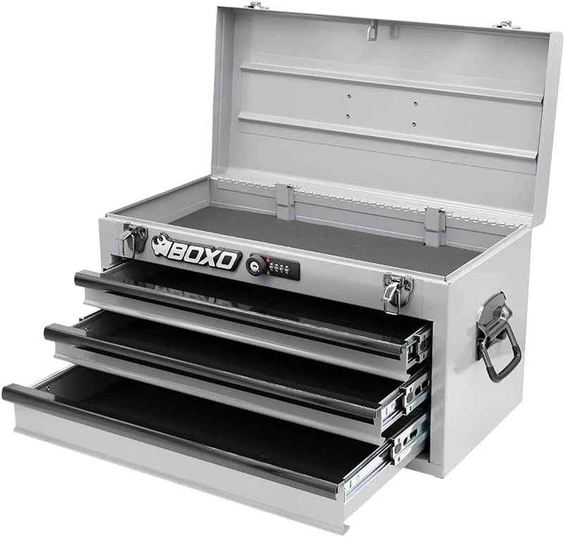 Boxo USA Heavy-Duty 3-Drawer Steel Tool Box - Portable Hand Carry Toolbox Organizer with Ball Bearing Slides & Secure Key & Digital Lock System (Nardo Gray)