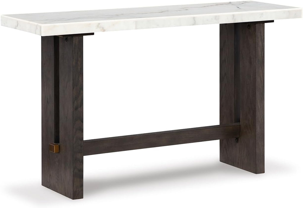 Signature Design by Ashley Burkhaus Traditional Rectangular Sofa Table with Marble Tabletop, Dark Brown & White