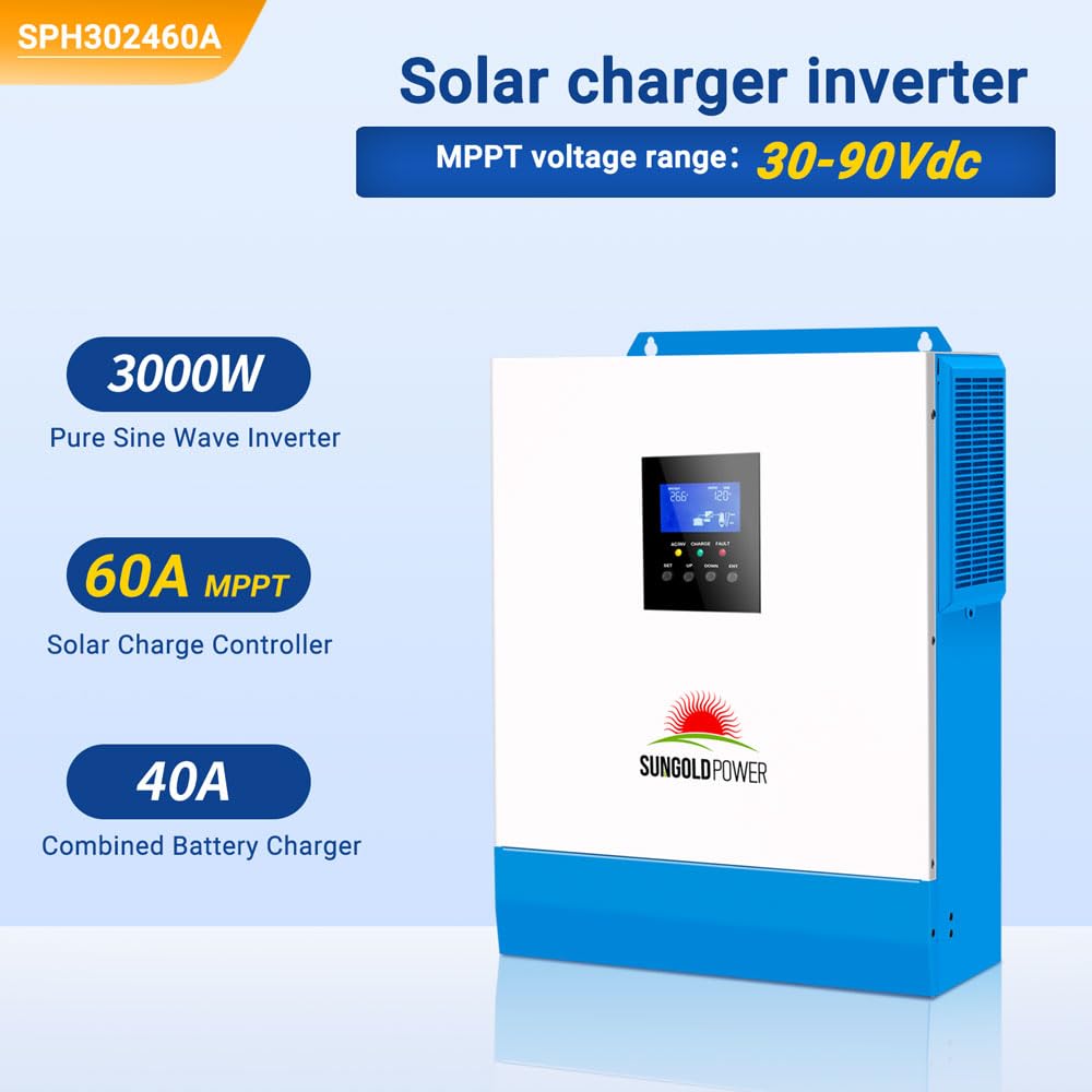 SUNGOLDPOWER UL1741 3000W Solar Inverter 24Vdc to 120Vac, All in One Inverter 60A MPPT(MPPT Voltage Range:30-90Vdc) and 40A AC Battery Charger, Pure Sine Wave for Off Grid System