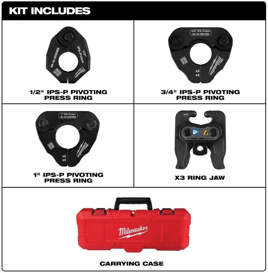 Milwaukee 1/2 Inch - 1 Inch IPS-P Pivoting Press Ring Kit for M12 FORCE LOGIC Press Tool