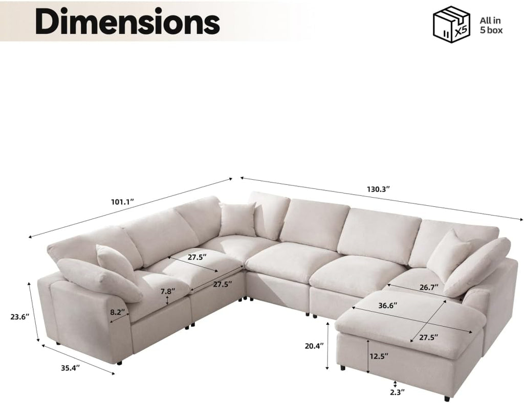Siiejia Cloud Couch Modular Sectional Sofa Modern Oversized Couches with Ottoman 7 Seater L-Shaped Sofas Comfy Couches for Living Room Spacious Space Apartment Lounge, Cream