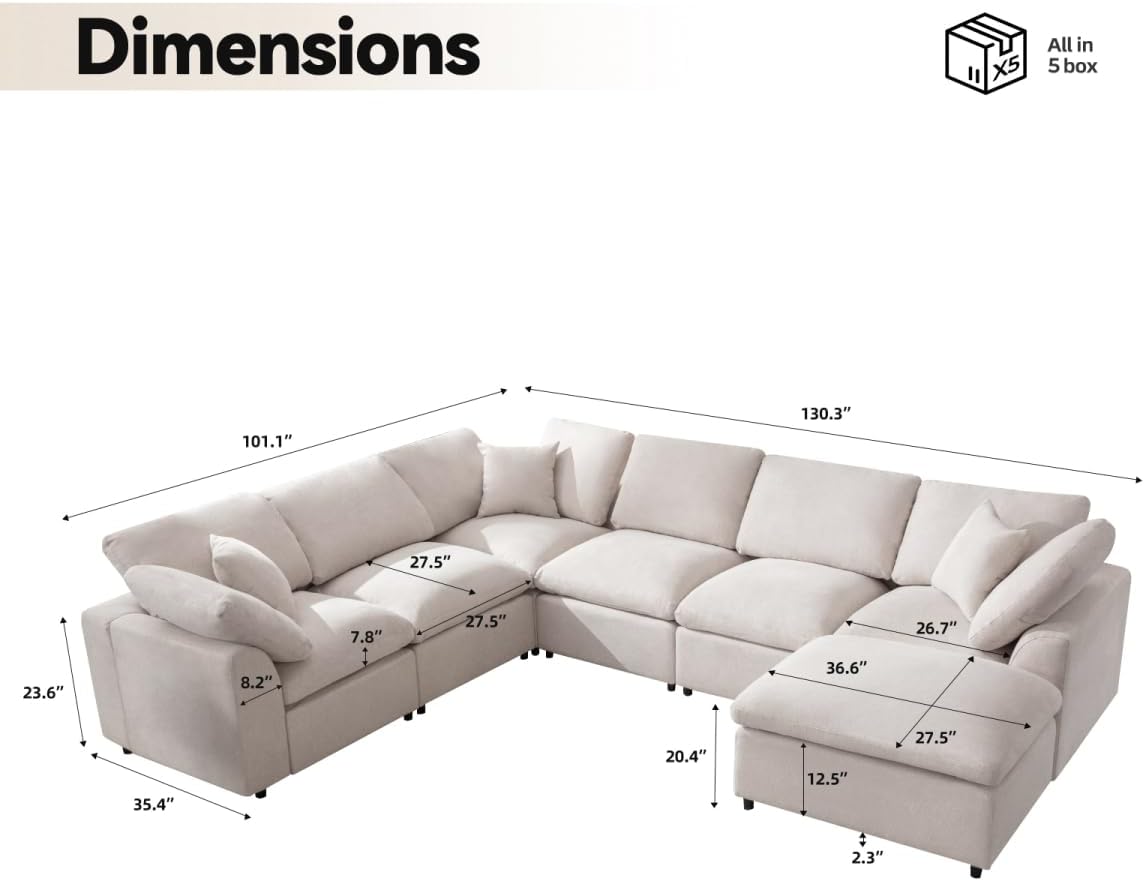 Siiejia Cloud Couch Modular Sectional Sofa Modern Oversized Couches with Ottoman 7 Seater L-Shaped Sofas Comfy Couches for Living Room Spacious Space Apartment Lounge, Cream