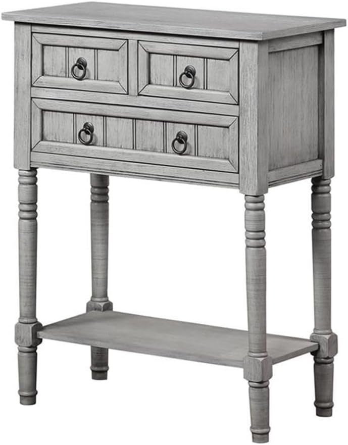Convenience Concepts Kendra Entryway Hall Table 23.75' - 3 Storage Drawers, Traditional Console with Shelf for Decor, Office & Hallway Organizer, No Tools Assembly, Solid Wood, Wirebrush Light Gray