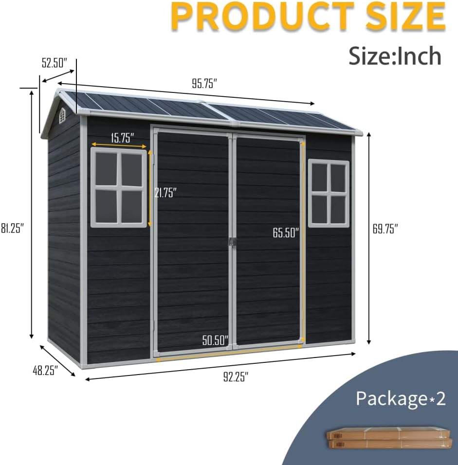 8x4FT Resin Garden Shed - Plastic Lean to Shed with Floor, Lockable Outdoor Storage Sheds for Patio Yard, Outdoor Shed with Floor Included (Black)