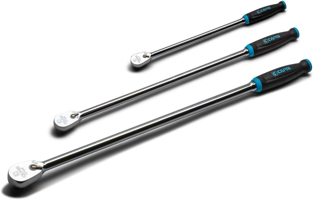 Capri Tools Fine 90-Tooth Extra Long Ratchet Set, Ergonomic Soft Grip, 1/4, 3/8, 1/2 in. Drive, 3-Piece