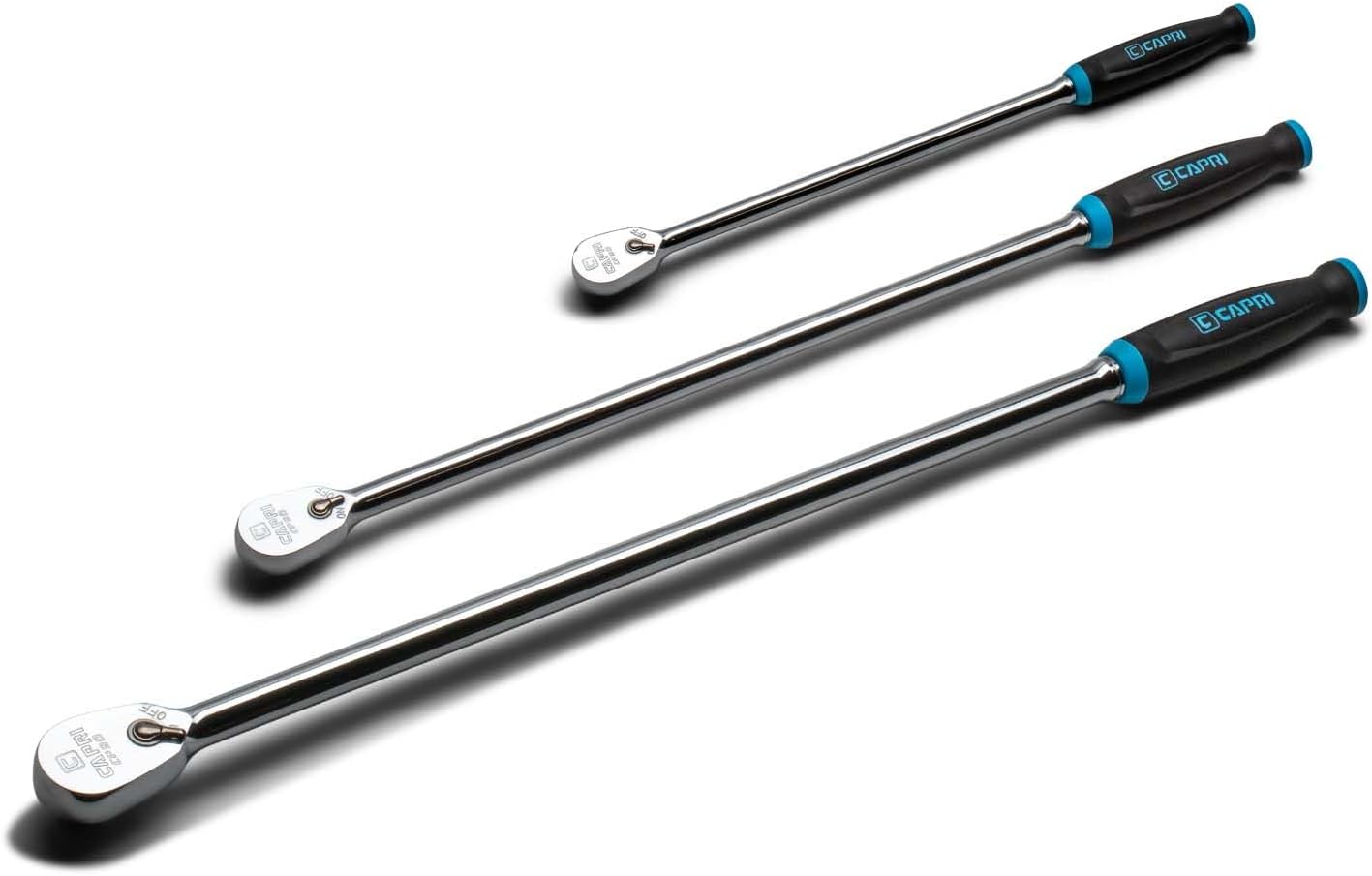 Capri Tools Fine 90-Tooth Extra Long Ratchet Set, Ergonomic Soft Grip, 1/4, 3/8, 1/2 in. Drive, 3-Piece