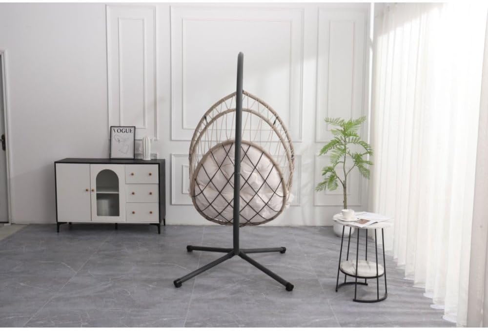 Outdoor Egg-Shaped Hanging Chair with Stand Patio Wicker Swing for Garden Relaxation Indoor Rocking Chair Comfortable Hammock Style (Beige Gray+White + HDPE)