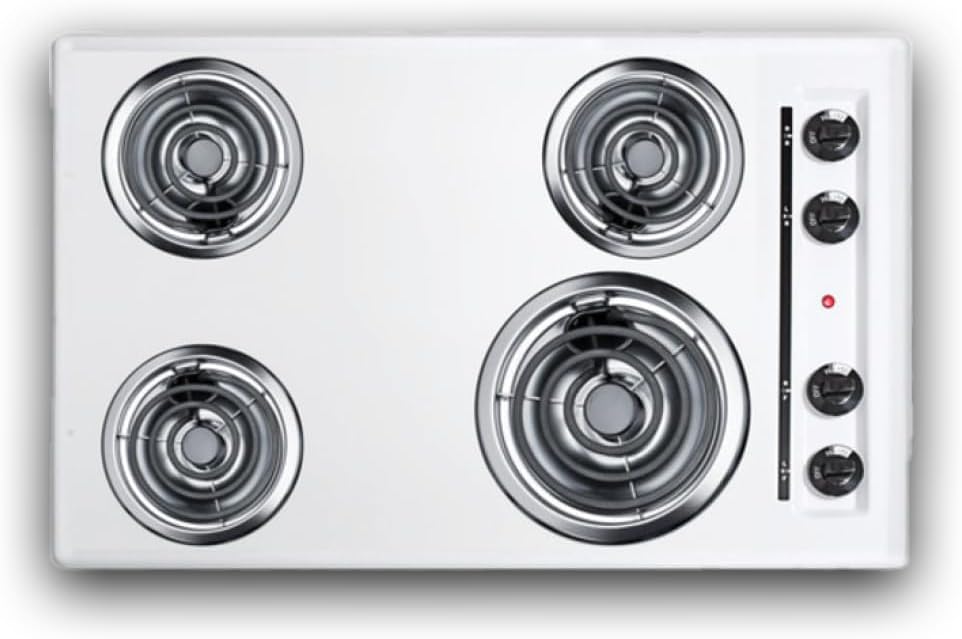 Summit 30' 4 Burner Electric Cooktop. 230 Volt Coil Electric Cooktop, White- WEL05
