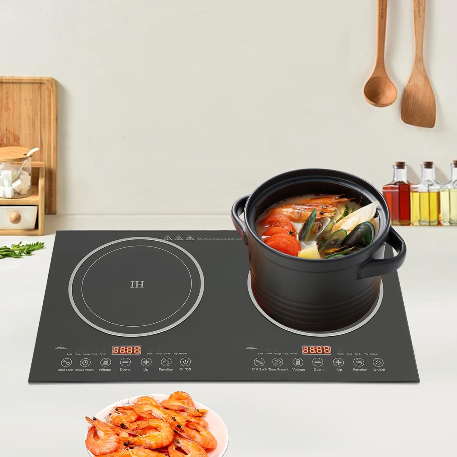 Double Induction Cooktop Portable Induction Cooker with 2 Burner Independent Control, Level 8 Firepower, 3-Hour Timer, Safety Lock, 2400w(1200w+1200w) Sensor Touch (2 Burner 2400W)