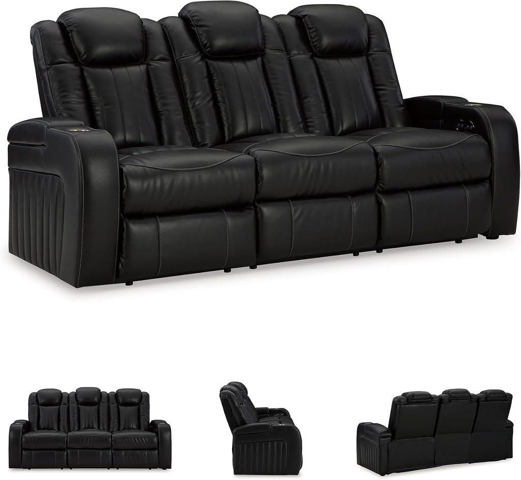 Signature Design by Ashley Caveman Den Modern Faux Leather Power Reclining Sofa with Adjustable Headrest, Drop Down Table, Electrical Outlets and LED Reading Lights, Black