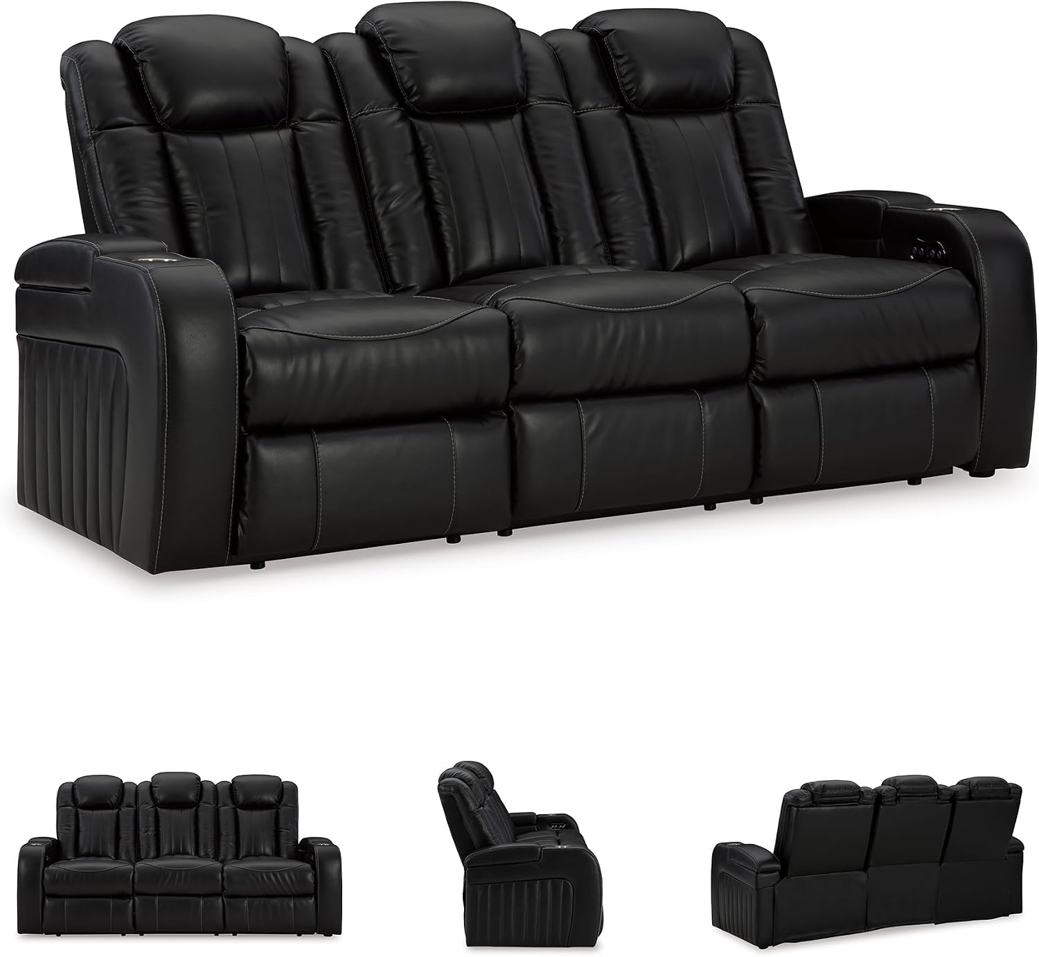 Signature Design by Ashley Caveman Den Modern Faux Leather Power Reclining Sofa with Adjustable Headrest, Drop Down Table, Electrical Outlets and LED Reading Lights, Black