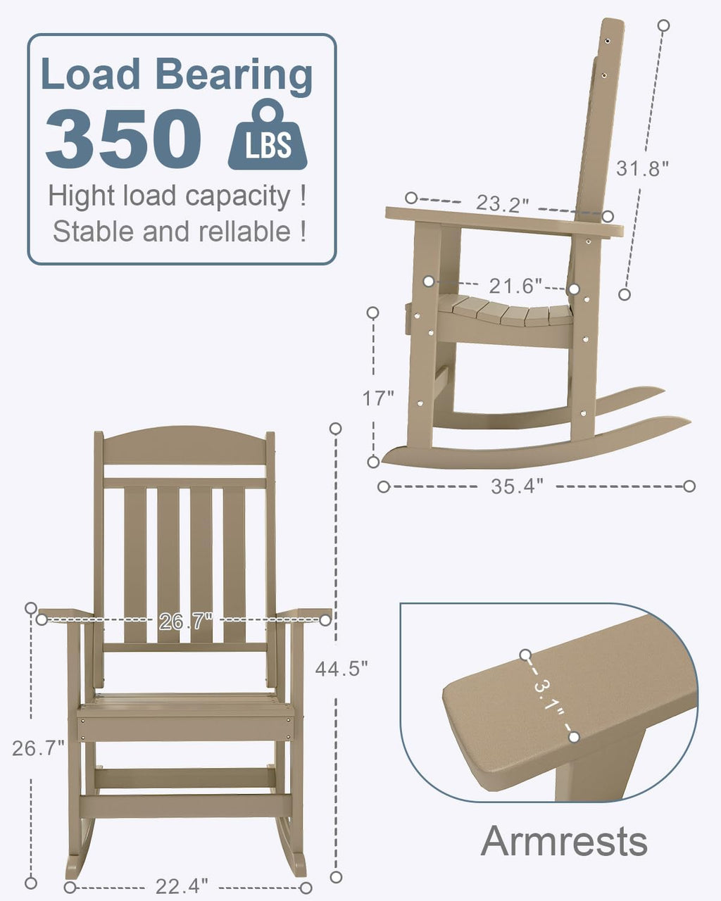 NAVINE Outdoor Rocking Chairs, Oversized High Back Patio Rocking Chairs, All Weather Porch Rocking Chairs for Outside. Brown