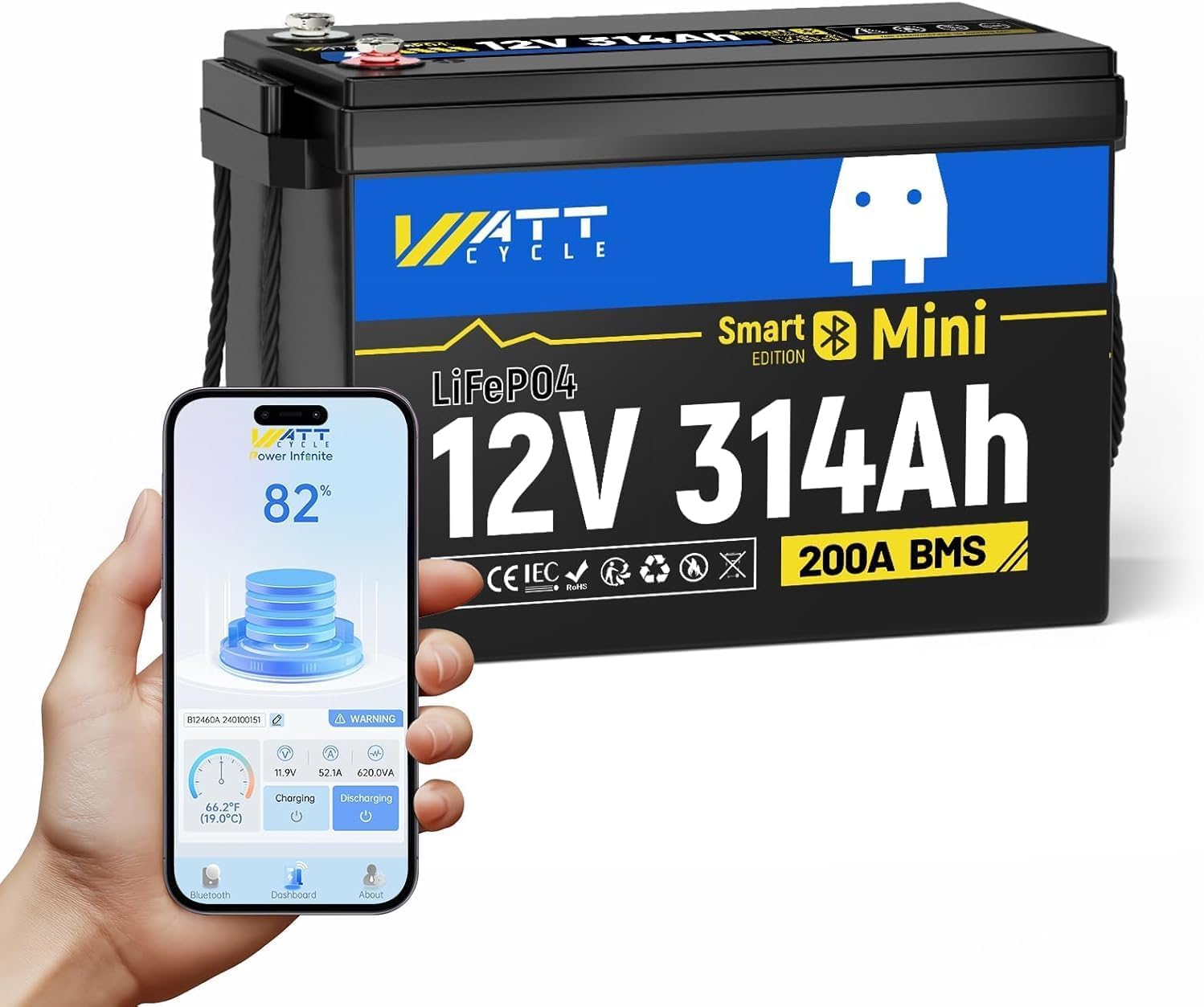 WattCycle 12V 314Ah Mini LiFePO4 Lithium Battery with Bluetooth 5.0, 200A BMS, 4.01kWh Energy, Low-Temp Protection, 10+ Years Lifespan, for RV, Marine, Camping, Solar Off-Grid