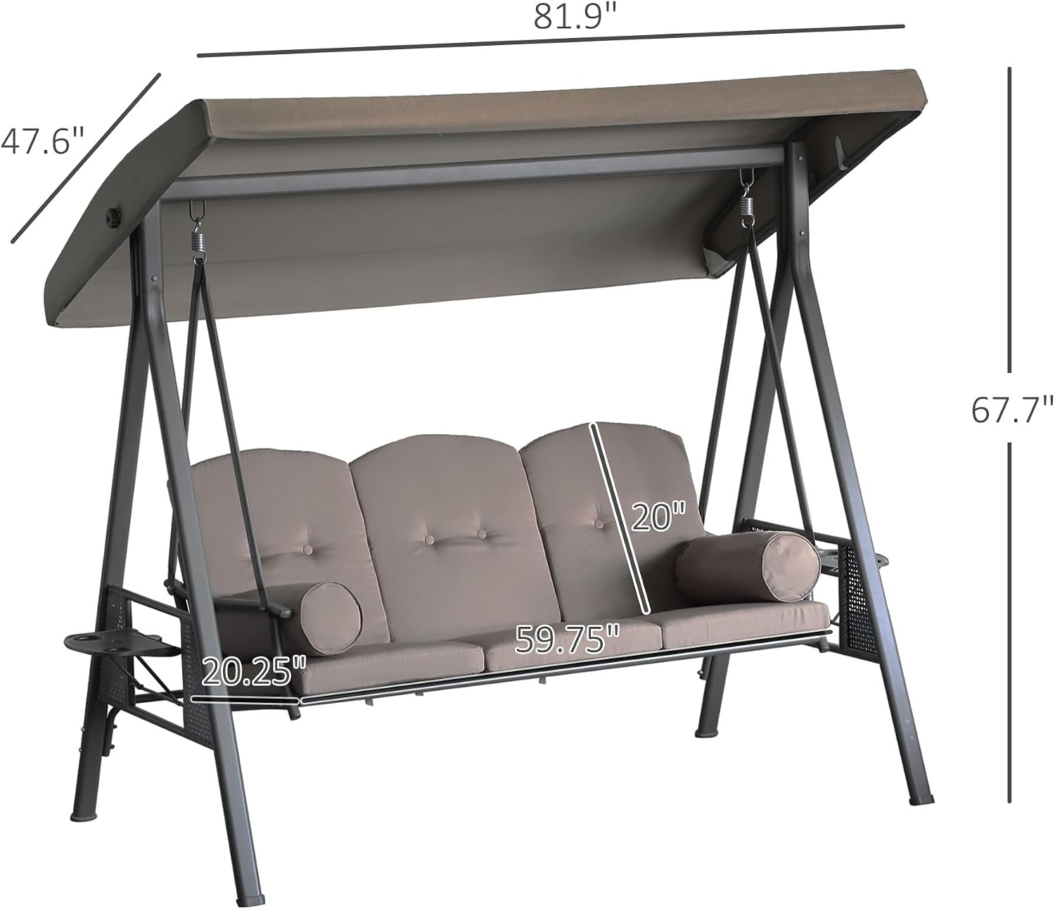 Outsunny 3-Seat Patio Swing Chair, Outdoor Porch Swing Glider with Adjustable Canopy, Removable Cushion, Pillows and Side Trays, for Garden, Poolside, Backyard, Brown