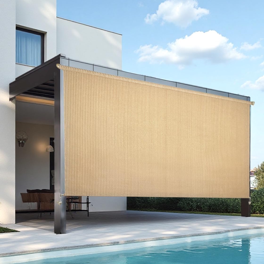 8' W x 8' H Outdoor Roller Shade with Crank Handle, Cordless Patio Sun Shade for Porch, Gazebo, Pergola, Beige UV Blocking Exterior Blinds