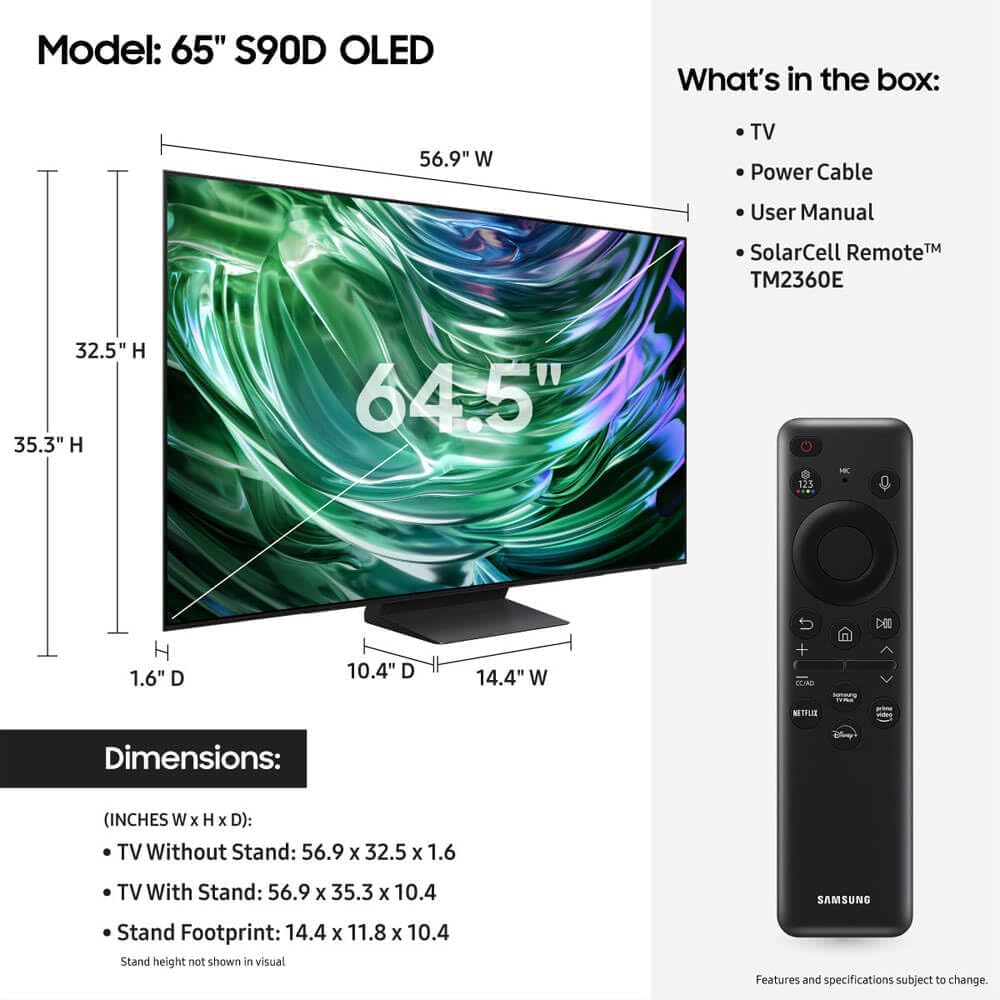 Samsung (Refurbished 65-Inch Class OLED 4K S90D Series HDR+ Smart TV (QN65S90D, 2024 Model) (Renewed)