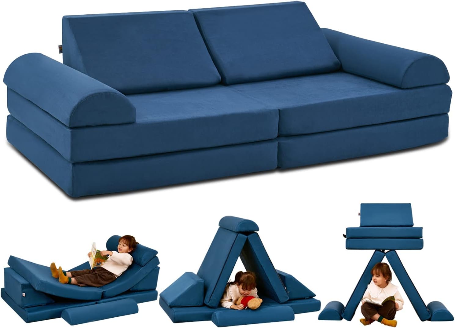 jela Kids Couch Safety Certified Play Couch Soft Kids Sofa with Machine Washable Cover Thick Foam Fort Building Set for Playroom Indoor (57'x28'x18', Navy Blue)
