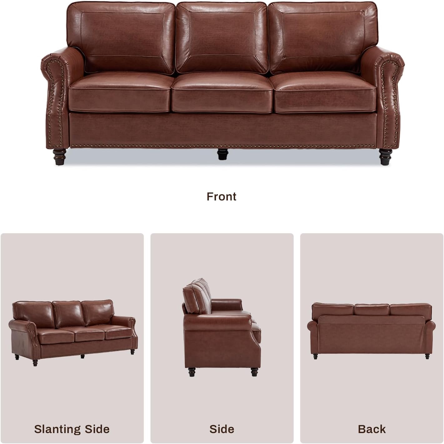 Kingfun Mid-Century Modern Couch, Faux Leather Sofa, 3 Seater Couch for Living Room with Rolled arms & Nailhead Trim, Dark Coffee