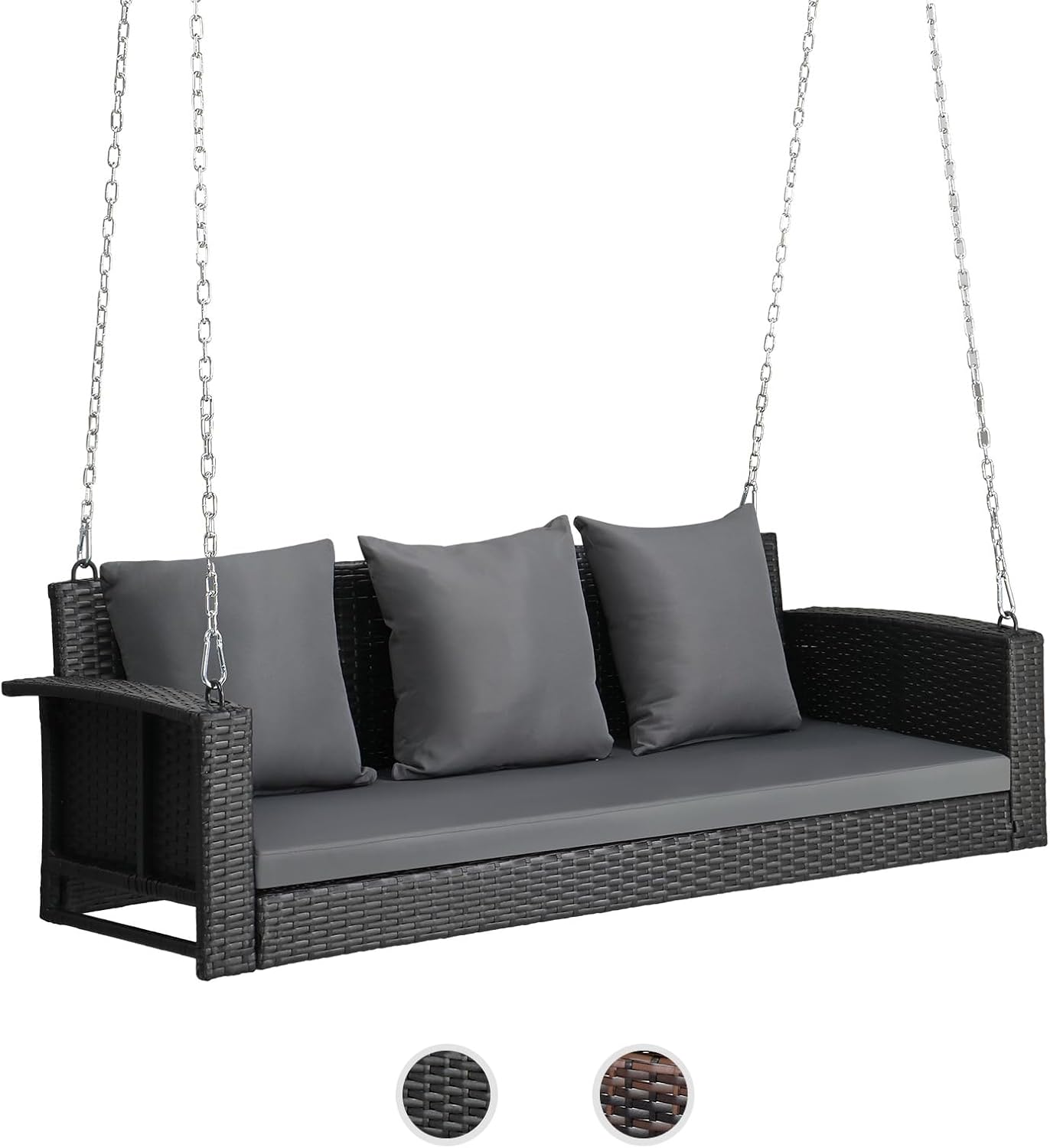 VINGLI Rattan Porch Swing, Heavy Duty 800 LBS Outdoor Hanging Seat with Extra Cushion and Adjustable Chain, the Porch Swing Seat Made by Wicker Suits for Garden, Yard, Lawn (Black, 5 FT)