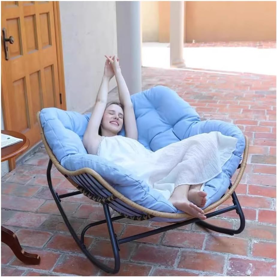 Etlegor Outdoor Patio Rocking Chair, Indoor Reading Chair with Cushion Rattan Wicker Lounge Chair for Living Room Front Porch Garden Balcony Lawn(Blue)