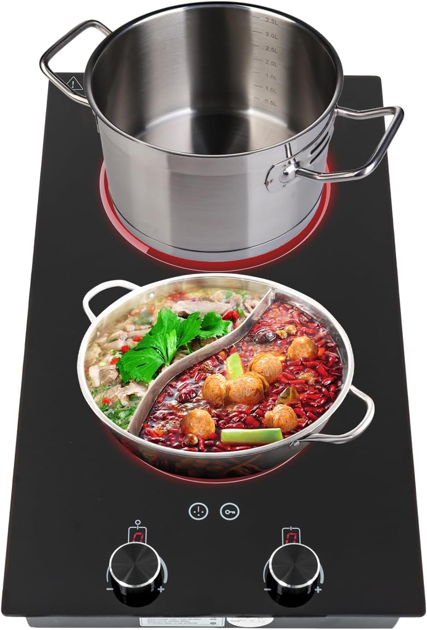 1200W+900W 20 Inch Electric Cooktop, 9 Levels 2 burner induction Built-in Plate Hot Plate Electric burner Double Induction Cooktop with LED touch Knob Control Overheat Protection for all Pans