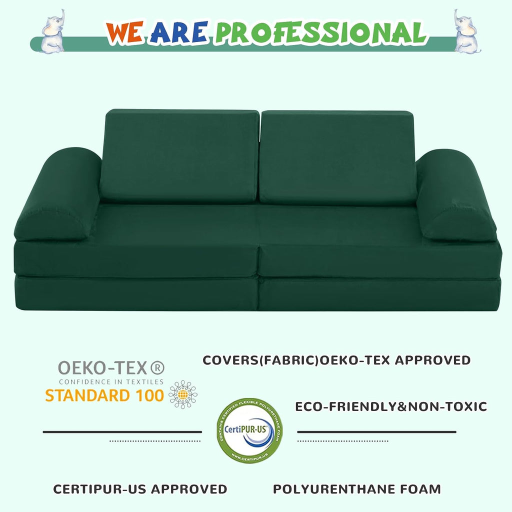 jela Kids Couch Safety Certified Play Couch Soft Kids Sofa with Machine Washable Cover Thick Foam Fort Building Set for Playroom Indoor (57'x28'x18', Pine Green)