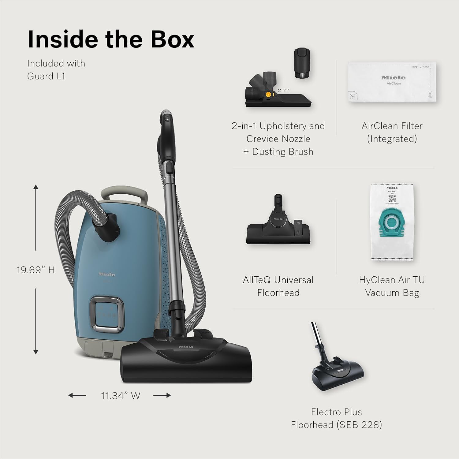 NEW Miele Guard L1 Bagged Canister Vacuum Cleaner with AirClean Filter, Electro Plus Floorhead, AllTeQ Universal Floorhead, LED Display Panel, in Nordic Blue/Space Grey