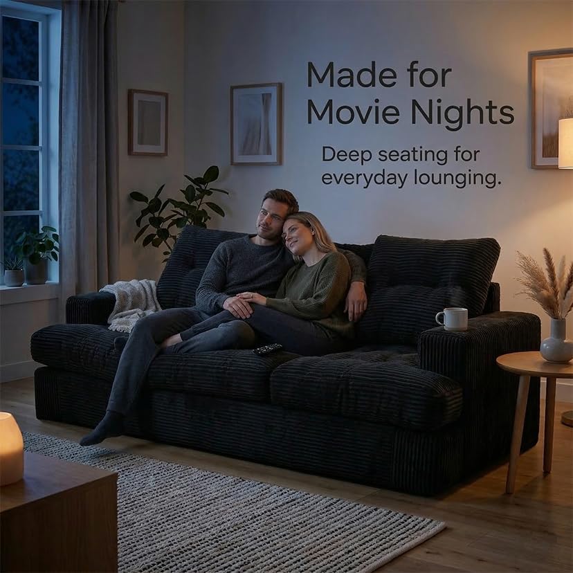 85' Corduroy 3 Seater Sofa in a Box, High-Density Foam Couch, No Assembly Compressed Deep Seat Sofa for Living Room, Bedroom, Apartment, Black | No Assembly Required, Soft Corduroy, HD Foam Comfort, Deep Seat Comfort, Sofa in a Box Setup