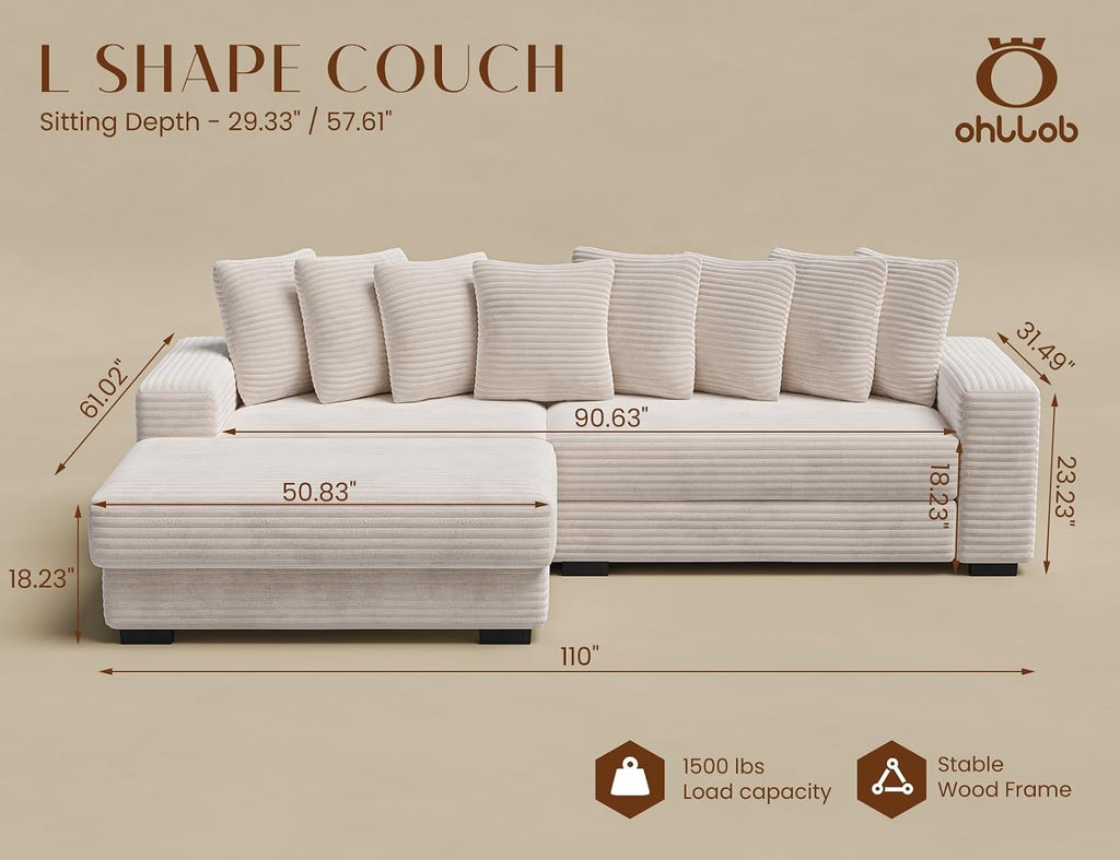ohllob 110' Modular Sectional Sofa, L Shaped Couch with Chaise Lounge, Fluffy Corduroy Cloud Couch with Deep Seat for Living Room (Beige)