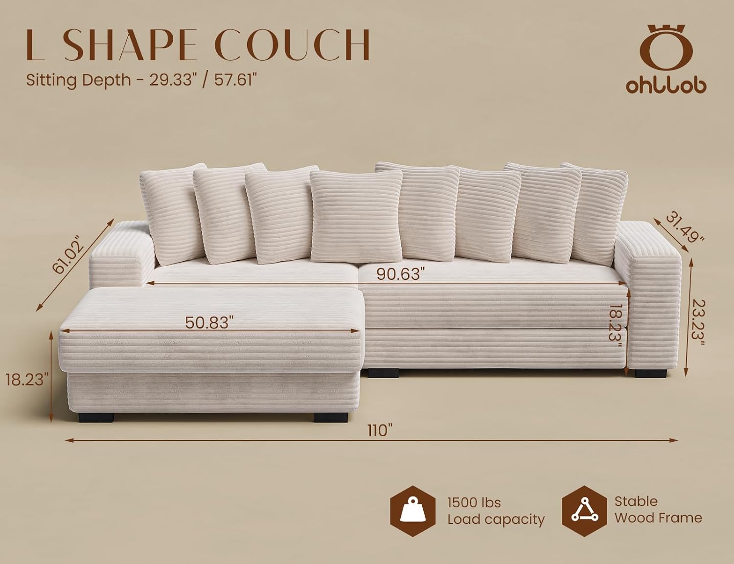 ohllob 110' Modular Sectional Sofa, L Shaped Couch with Chaise Lounge, Fluffy Corduroy Cloud Couch with Deep Seat for Living Room (Beige)