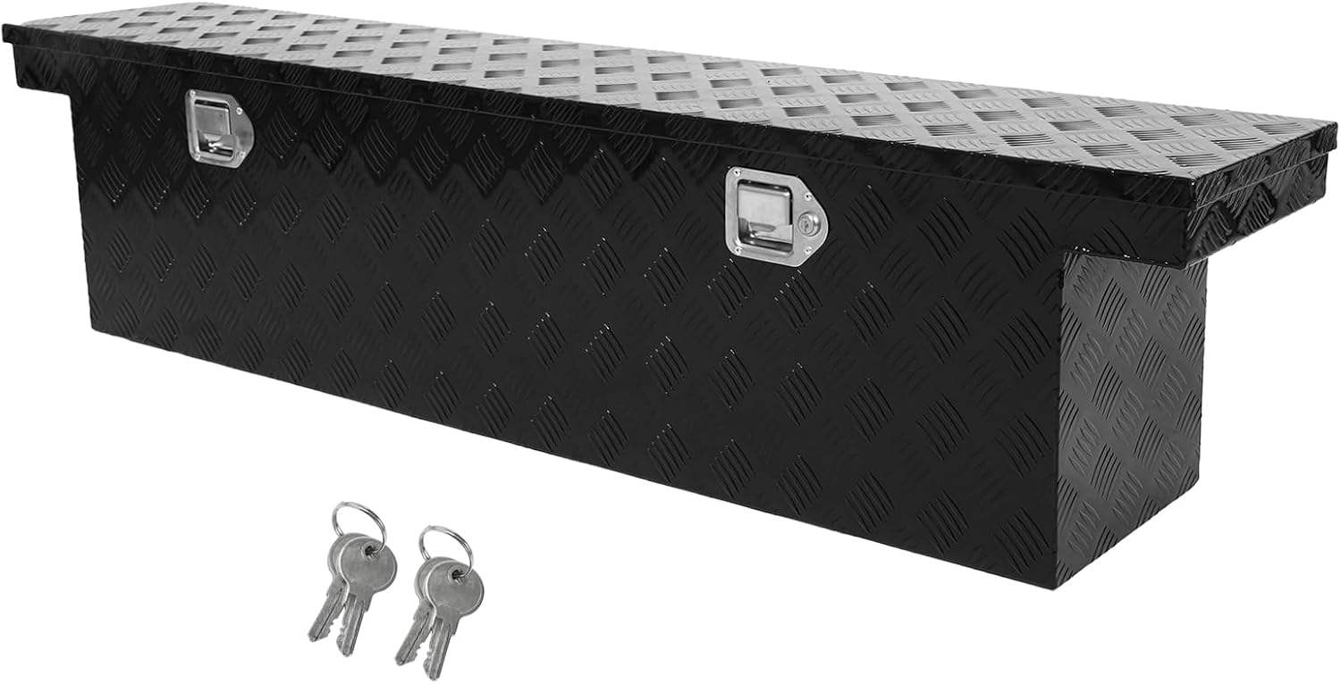confote 60 Inch Heavy Duty Aluminum Stripes Plated Tool Box Pick Up Truck Bed RV Toolbox Waterproof Storage Organizer with Lock and Key,60'x 12'x 14'-Black