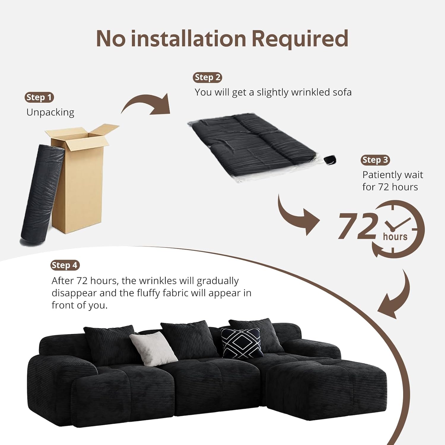 Modern L-Shaped Modular Sectional Sofa for Living Room，Oversized 3-Seater Couch with Deep Seat and Movable Ottoman – No Assembly,Comfortable Corduroy Fabric Boneless Sofa(Dark Gray) (Black)