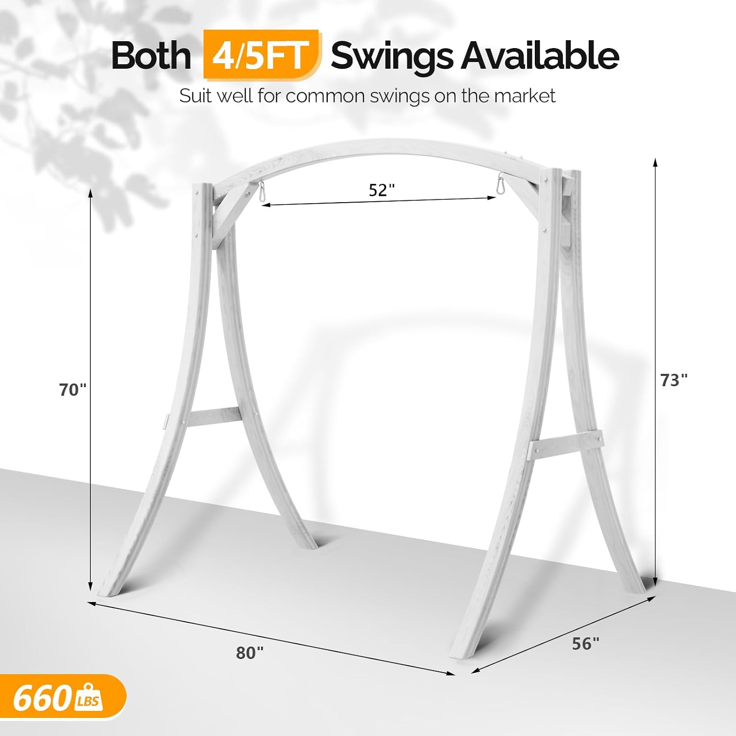 VINGLI 6.7FT Porch Swing Frame, 1000LBS Heavy Duty A-Frame Wooden Porch Swing Stand with Curved Arc Top for 5FT Porch Swing, Large Swing Hanger for Garden, Patio, Backyard & Indoor, White