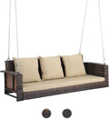 VINGLI Heavy Duty 800 LBS Wicker Hanging Porch Swing with Cushions & Chains, 5FT Outdoor Rattan Swing Bench for Garden, Yard, Lawn (Brown)